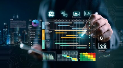 Fototapeta premium Person interacting with futuristic digital interface displaying data charts and graphs at night