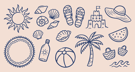 beach summer pattern, tropical vacation icons, ocean sea shells, flip flop sand, island holiday fun, minimal line art, vector background design beach, summer, pattern, tropical, vacation, ocean, sea,  © Geetaroy