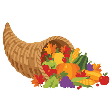 Cornucopia overflowing with autumn harvest fruits and vegetables horn of plenty white background