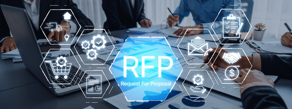 Professional business meeting focused on Request for Proposal (RFP) with team members discussing project plans and analyzing market opportunities. Bitwise.