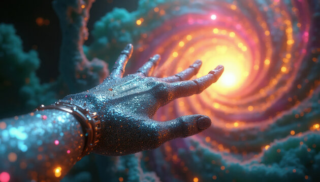 Cybernetic hand bends cosmic energy. Futuristic prosthetic manipulates spacetime vortex. Advanced tech creates colorful nebula spiral. AI control reaching for galaxies.