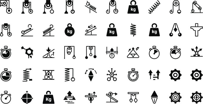 Physics icons demonstrating mechanical forces, weights, pulleys, and spring dynamics are arranged as a flat design resource set.