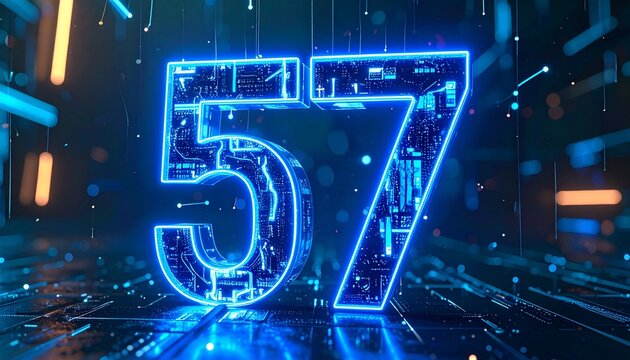 Glowing blue neon number 57 in futuristic dark room with technology