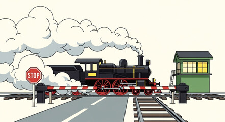 Vintage steam train crossing a railway stop signal. © Redasa