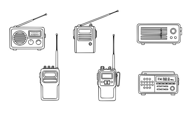 Retro transistor radio and walkie talkie line art vector communication set