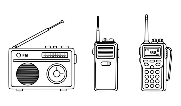 Classic transistor radio and portable walkie talkie outline vector illustrations
