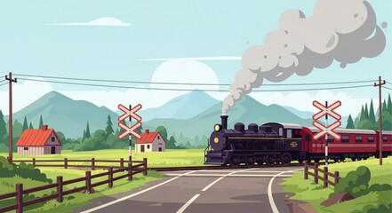 Vintage steam train crossing a rural railroad track with houses and mountains. © Redasa