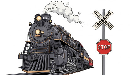 Vintage Steam Locomotive Train Approaching Railroad Crossing. © Redasa