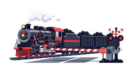 Vintage steam locomotive train at a railway crossing. © Redasa
