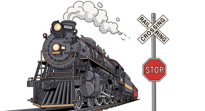 Vintage Steam Locomotive Train Approaching Railroad Crossing.