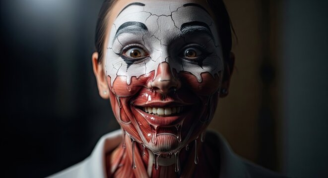 Creepy clown with cracked painted smile.
