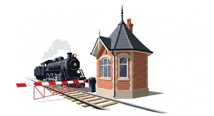 Vintage steam train at a railway crossing with a small station house. © Redasa