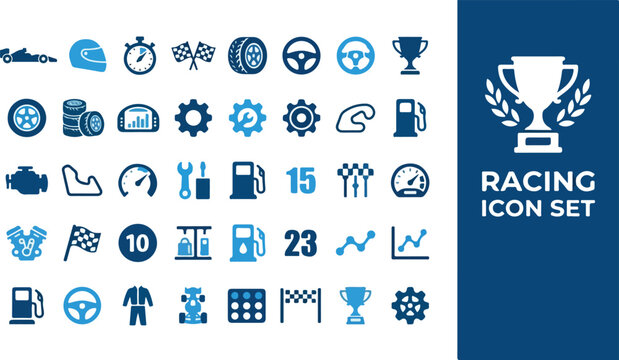 Extensive vector racing icon set in a flat design style, featuring essential automotive and motorsport symbols for speed, competition, and victory graphics
