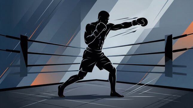 Dynamic silhouette of a boxer throwing a powerful punch in a boxing ring, depicting strength, focus, and the intensity of combat sports training