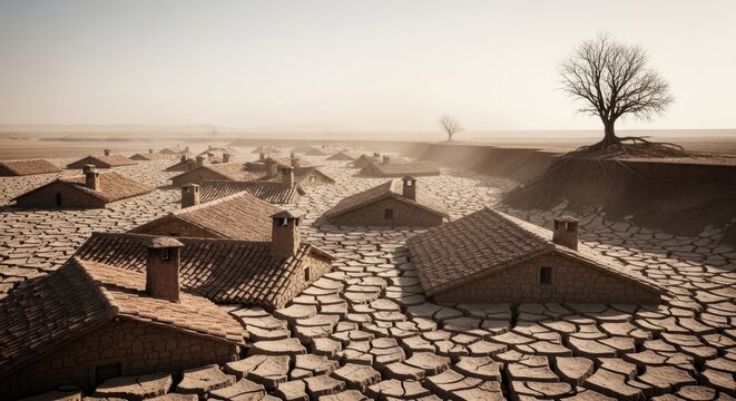 Deserted village with cracked earth landscape.