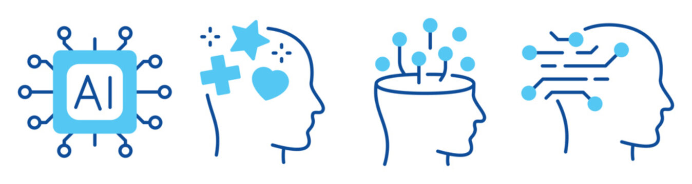 Ai icons illustrating cognitive states and neural processes. Editable stroke