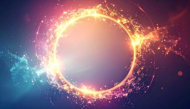 最先端テクノロジーのプレゼンや近未来イベントの告知を劇的に引き立てる、輝くゴールドサークルのデジタル背景