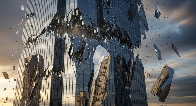 Dramatic cityscape with shattered glass explosion.