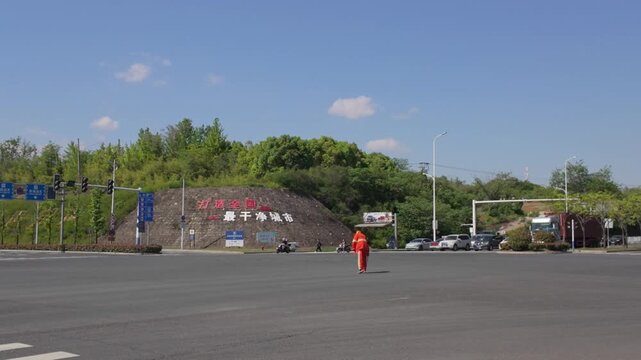 Cleaning scene of sanitation workers in the street