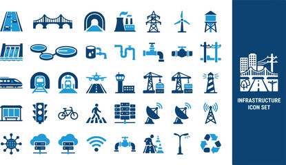Fototapeta premium Blue infrastructure icon set for urban development and city planning vector illustration