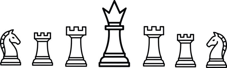 Clean vector chess concept showing single file arrangement of knight rooks queen and knights with precise outline and structured professional styling © Mehg