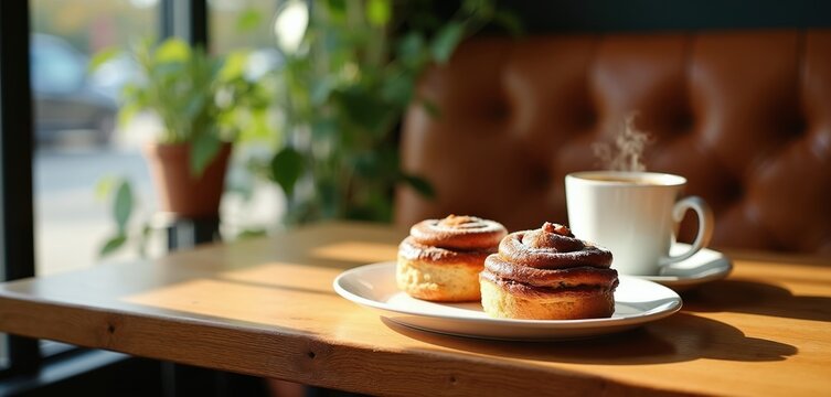 Two cinnamon buns and coffee cup on wooden table near plant and brown sofa. Morning sunlight makes shadows on cafe surface. Enjoy fika time with pastry and hot beverage.