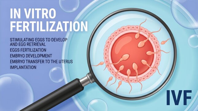 In vitro fertilization illustration showing a magnified egg cell with sperm, depicting the process of fertilization and embryo development in a scientific context