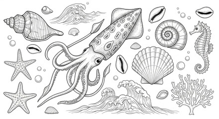Vintage Marine Life Illustration Featuring Squid Seashells and Starfish. © Sadar