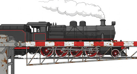 Vintage steam locomotive crossing railroad tracks with smoke. © Sadar