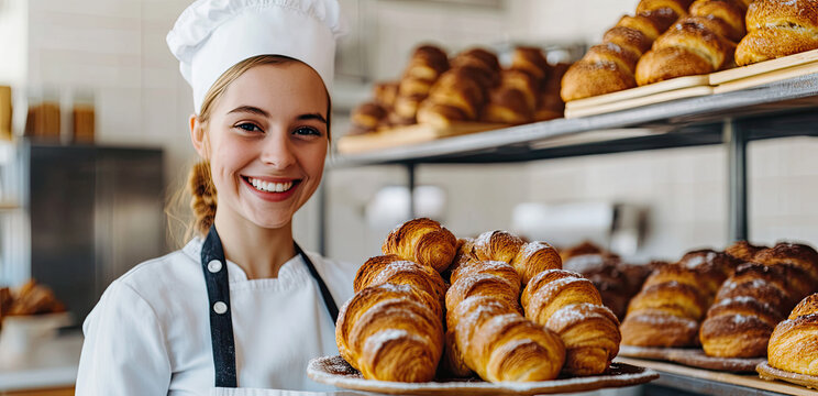 Young caucasian female baker smiling with freshly baked croissants in bakery