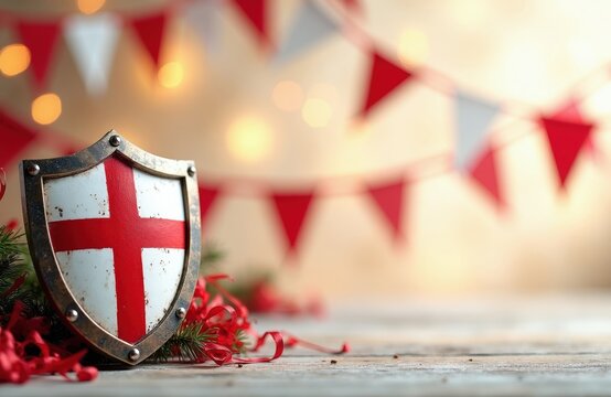 English heraldic shield with St Georges cross sits on wooden table. Red and white bunting flags hang above, blurred bokeh lights in background. Festive holiday atmosphere.