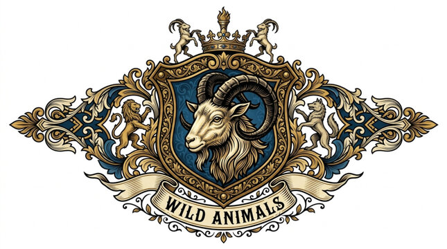 Vintage Emblem Featuring a Rams Head and Ornate Decorations.