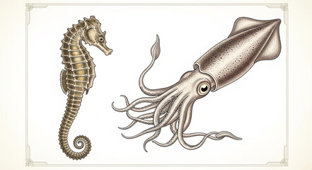 Vintage illustration of a seahorse and a squid. © Sadar
