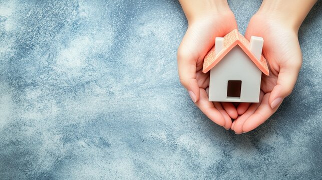 Caucasian hands holding small model house on textured background