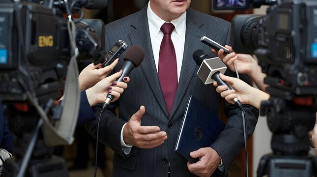 Businessman in suit and tie speaking to multiple microphones from various news reporters and cameras