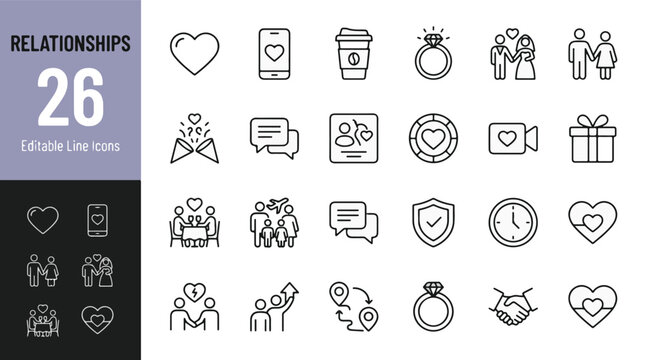Relationships Icon Set - Love, Dating, Marriage, and Family Icons. Romantic Icon Pack featuring Wedding, Anniversary, Heart, and Engagement symbols. Editable line icons. Vector illustration.