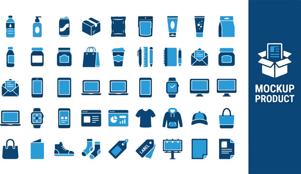 A comprehensive collection of modern flat design vector mockup product icons perfect for various branding and marketing projects