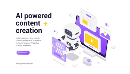 Modern isometric vector banner template for AI powered content creation and automated multimedia generation. Features robot holding document with computer monitor displaying website and video elements © provectors