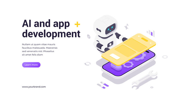 A modern isometric vector banner template featuring a friendly robot assembling a smartphone with AI tech icons. Perfect for artificial intelligence, mobile app development and machine learning themes