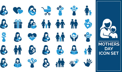 Fototapeta premium A comprehensive vector collection of dark blue glyph icons representing motherhood, family, and love for Mother's Day celebrations