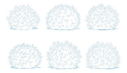 Hand drawn winter bush collection, set of 6 frozen shrub vector icons, blue line art garden plants with snow and frost texture for landscape design © M