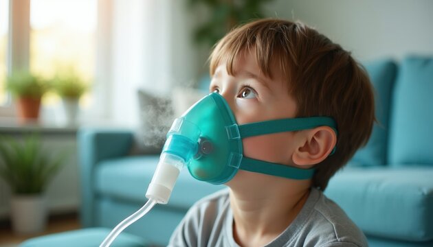 Young boy gets breathing treatment with nebulizer mask in room. Child inhales medication vapor for asthma or lung condition therapy at home. Healthcare assistance for kids.