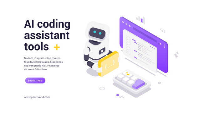 Modern isometric banner template for AI coding assistant tools and automated programming solutions. Features friendly robot holding code window with programming interfaces and development symbols.