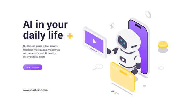 Modern isometric banner template for AI integration in daily life and smart entertainment solutions. Features robot emerging from smartphone holding video player and browser with digital media symbols