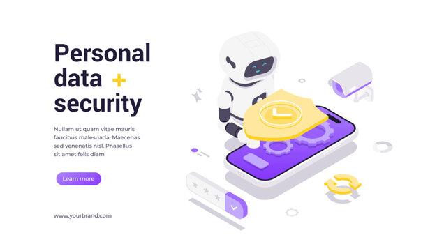 Modern isometric banner template for personal data security and AI-powered protection solutions. Features robot holding shield over smartphone with security icons and surveillance camera elements.