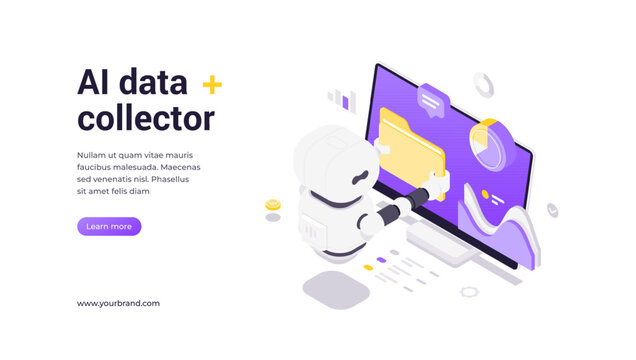 Modern isometric vector banner template for AI data collection and automated analytics solutions. Features robot holding folder with monitor displaying data graphs and information management icons.