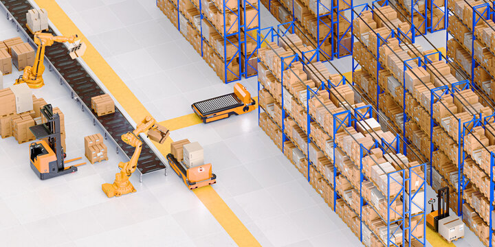Warehouse Scene with High Shelves and Palletising Robots. Logistics Concept. 3D illustration	

