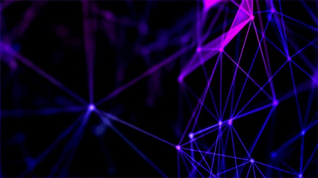 Abstract violet plexus structures with geometric triangular faces shifting in dark network space.