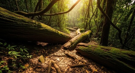 Fototapeta premium Sun-drenched jungle trail with fallen logs, tranquil forest path