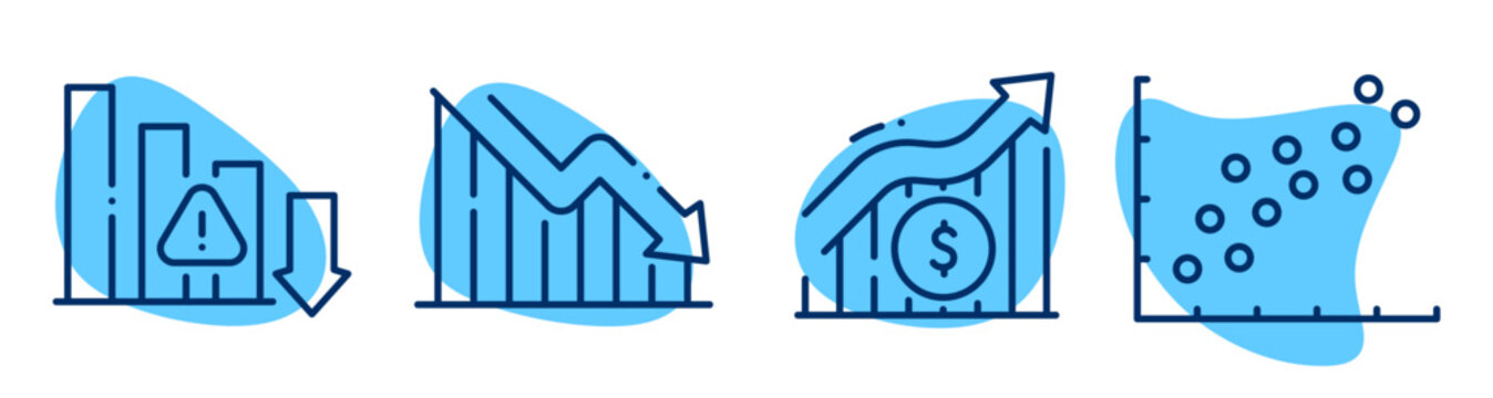 Financial chart icons showing decline growth and data points